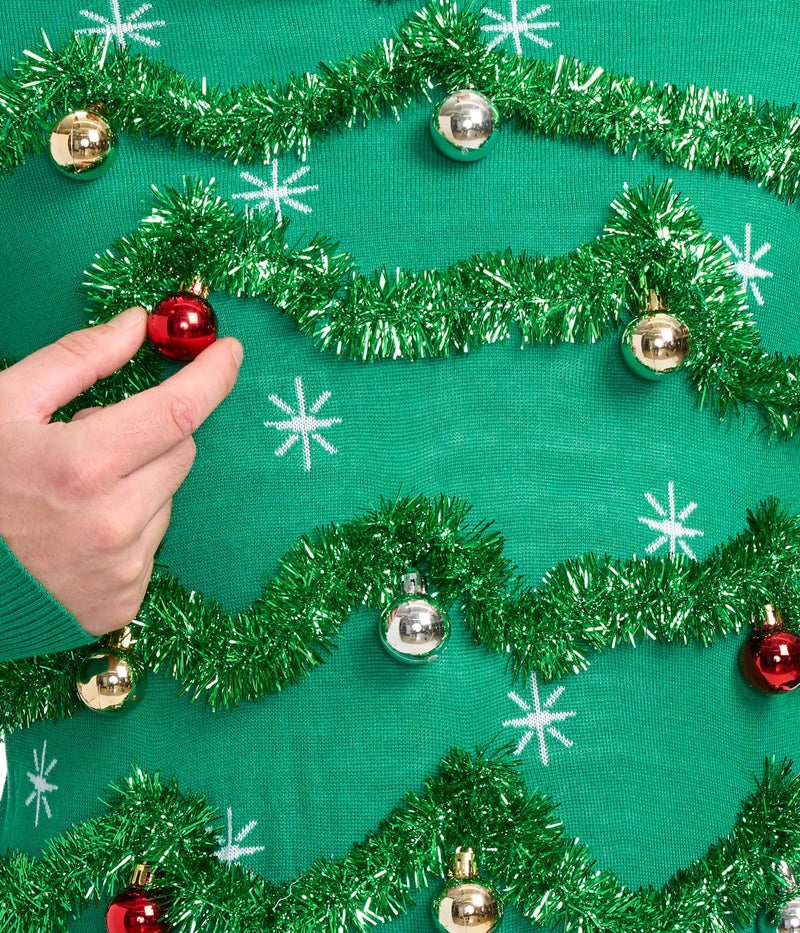 Tipsy Elves Men's Ugly Christmas Sweaters - Funny and Tacky Embellished Christmas Sweaters for Men - Green Gaudy Garland Christmas Sweater with Tinsel and Ornaments Size X-Large - Image 3